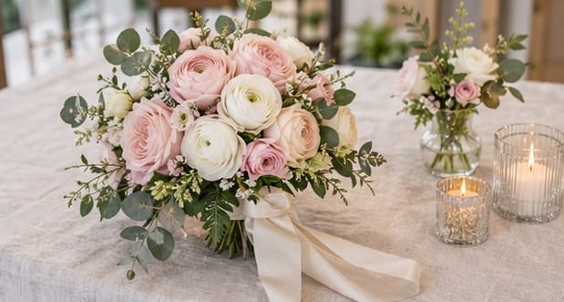 Brautstrauß aus rosa und weißen Rosen, Ranunkeln und Eukalyptus mit Seidenband auf einem Leinentisch