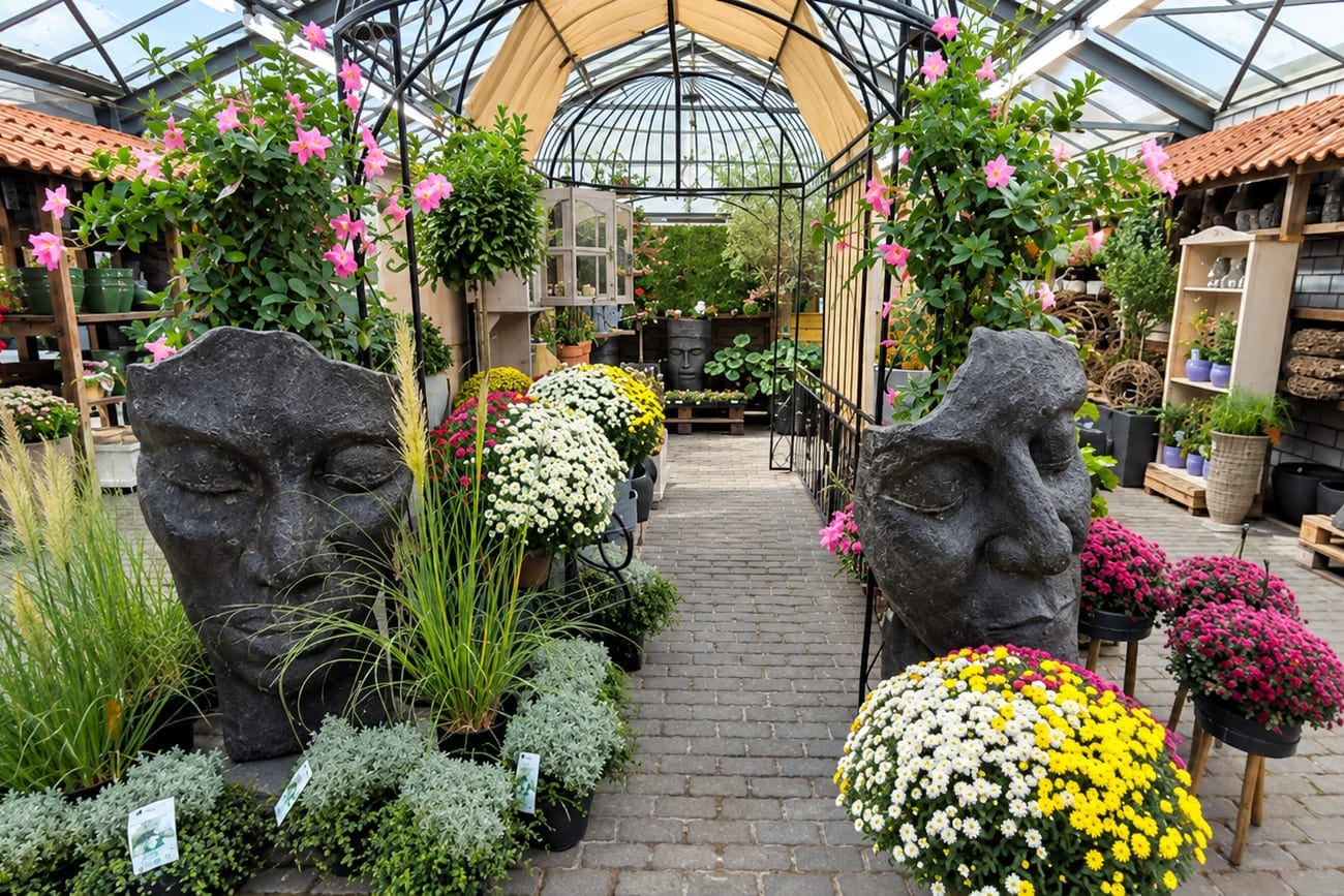 Das Gartencenter unter Glas, mit zwei großen Kopf-Skulpturen und Chrysanthemen