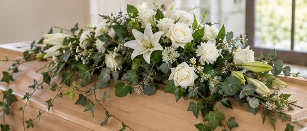 Liegendes Sargbukett aus weißen Rosen, Lilien und Efeu auf einem hellen Holzsarg